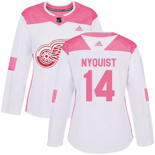 Adidas Red Wings #14 Gustav Nyquist White/Pink Authentic Fashion Women's Stitched NHL Jersey - Click Image to Close